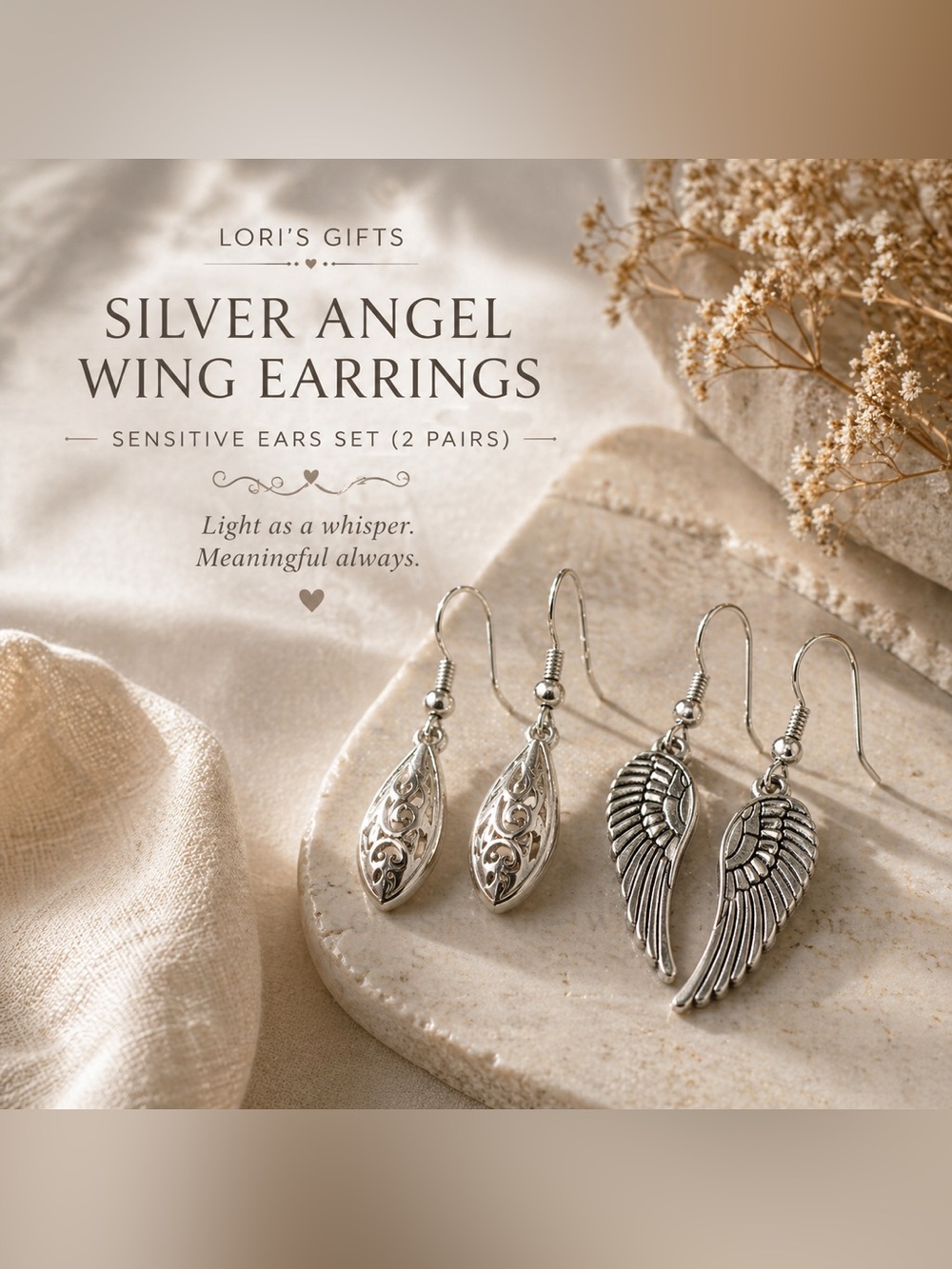 Lori’s Gifts Silver Angel Wing Earrings – Sensitive Ears Set (2 Pairs)